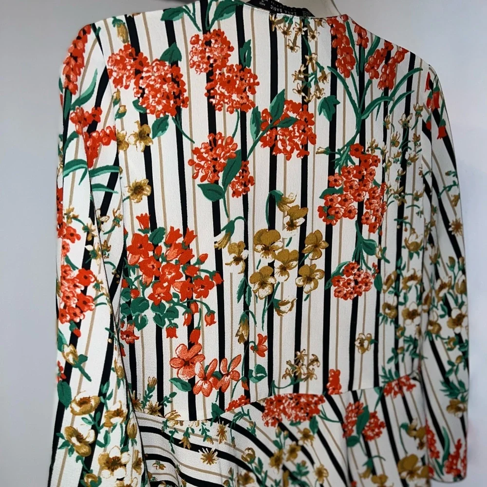 Zara Floral Striped Flowy Ruffled Tied Blouse - Picture 6 of 6